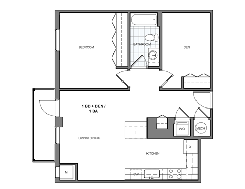 Floor plan for 1 bed, 1 bath, 935 sqft